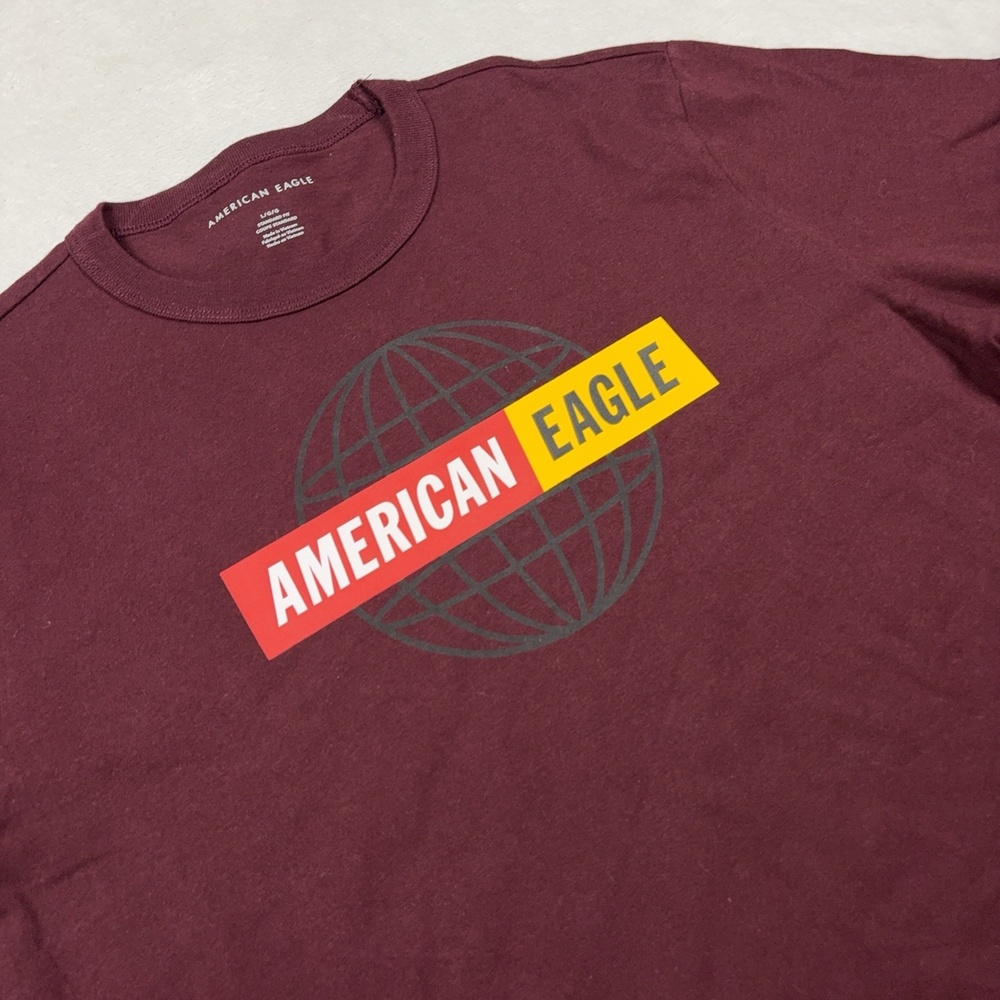 American Eagle Shirt Mens L Red Long Sleeve Tagless Cotton Graphic World Logo